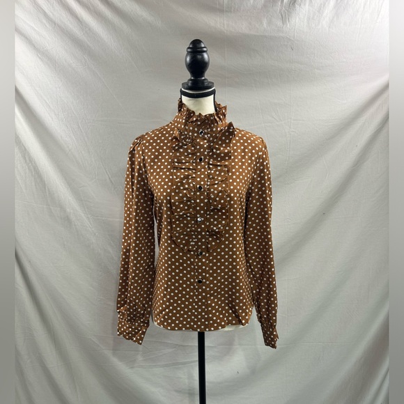 Polka Dot Ruffle Trim Shirt Brown - Picture 6 of 9